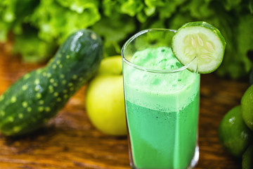 Green Detox Juice, made from cauliflower, lettuce, lemon, green apple, cucumber and various vegetables. Healthy lifestyle concept. Brazilian juice.