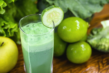 Green detox juice, vegetables and fruits for regime, brazilian vegetables healthy living, diet concept.