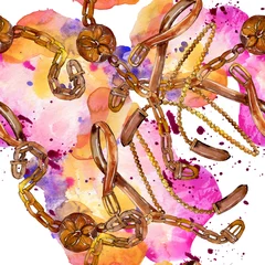 Deurstickers Bloemen en juwelen Riem schets mode glamour illustratie. Aquarel achtergrond afbeelding instellen. Naadloze achtergrondpatroon.