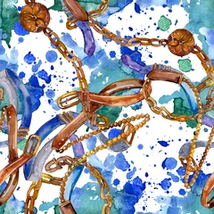 Behang Bloemen en juwelen Riem schets mode glamour illustratie. Aquarel achtergrond afbeelding instellen. Naadloze achtergrondpatroon.