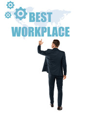 back view of man pointing with finger at best workplace lettering while standing isolated on white