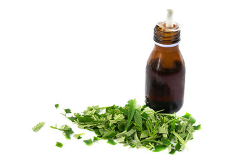 Green marijuana leaves and Cannabis oil is herbs for cancer treatment isolated over white background