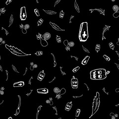 Halloween doodle seamless pattern set isolated on black background. Outline set of seamless pattern with black Halloween doodle elements. Outline collection. Hand drawn sketch magician collection