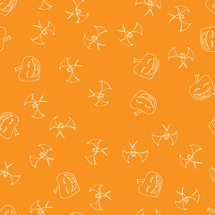 Bat and pumpkin seamless Halloween outline in the abstract style. Bats and pumpkins seamless pattern Halloween outline on orange background. Holiday decoration. Line vector. Doodle wallpaper