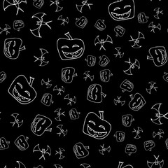 Bat and pumpkin seamless Halloween outline in the abstract style. Bats and pumpkins seamless pattern Halloween outline on black background. Holiday decoration. Line vector. Doodle wallpaper