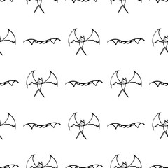 Bat and teeth seamless Halloween outline in the abstract style. Black bat and teeth seamless Halloween outline on white background. Holiday decoration. Line vector. Doodle wallpaper. Wildlife set