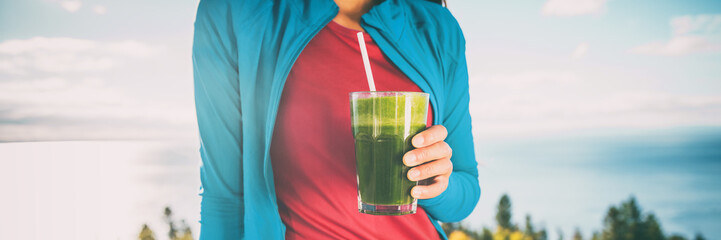 Green juice smoothie healthy drink breakfast shake. Woman drinking weight loss food diet banner...