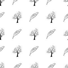 Hand drawn a seamless pattern of engraved oak leaves and trees isolated on white background. Vintage doodle seamless pattern of oak leaves and trees