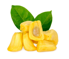  Jackfruit with jackfruit leaf, isolated on white background.