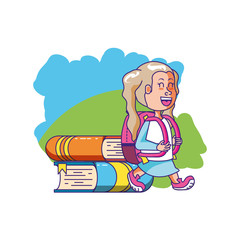 cute little student girl with school bag and stack books