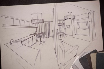 Outline drawings for the design of the kitchen design, everything is drawn in pencil. Beautiful, brick walls.