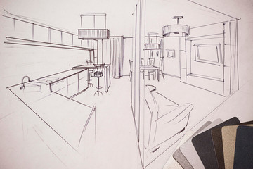 Outline drawings for the design of the kitchen design, everything is drawn in pencil. Beautiful,...