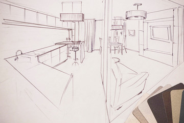 Outline drawings for the design of the kitchen design, everything is drawn in pencil. Beautiful, brick walls.