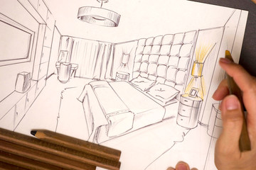 Outline drawings for the design of the kitchen design, everything is drawn in pencil. Beautiful,...