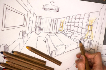 Outline drawings for the design of the kitchen design, everything is drawn in pencil. Beautiful, brick walls.