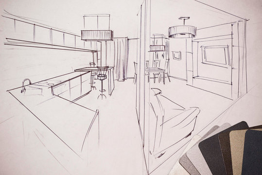 Outline drawings for the design of the kitchen design, everything is drawn in pencil. Beautiful, brick walls.