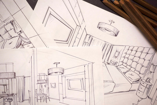 Outline drawings for the design of the kitchen design, everything is drawn in pencil. Beautiful, brick walls.