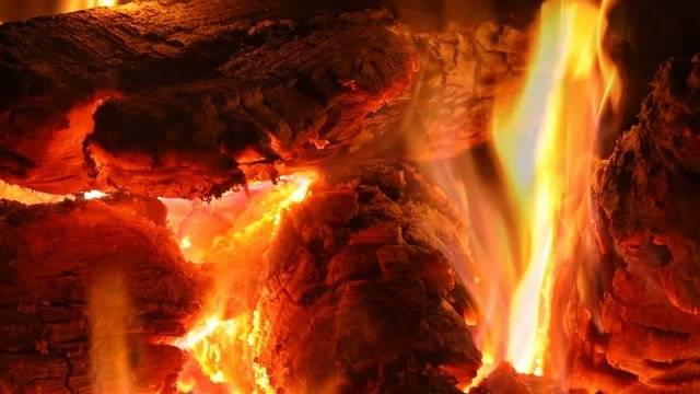 burning, fire in fireplace with wood firewood 4k