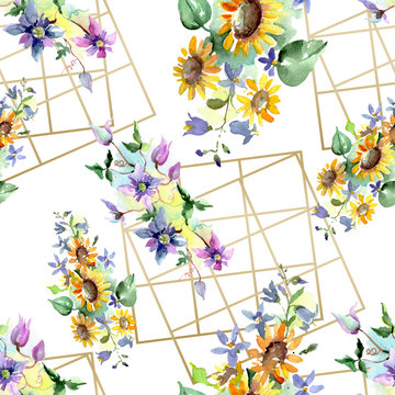 Bouquet with sunflowers floral botanical flowers. Watercolor background illustration set. Seamless background pattern.