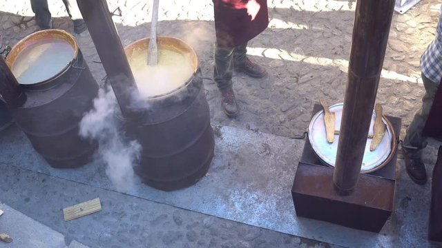 very rare video of traditional polenta in Rango Trentino town in Italy