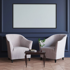 Mock up poster frame in Scandinavian style interior. 3D illustration, 3d render 
