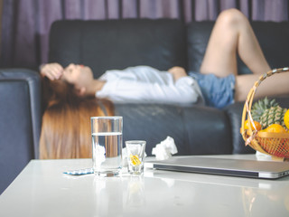sickness and gynecology concept from abstract blurred of woman with allergy, feeling dizzy and...