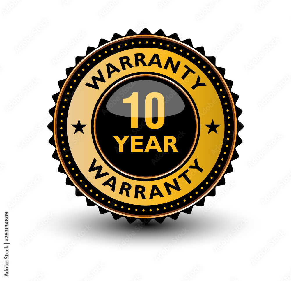 Wall mural high quality 10 year warranty golden and blackish badge, label, sign isolated on white background.