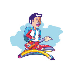 little student boy with bag school and set of pencils