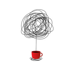 no creativity complicated inspiration after drinking coffee illustration. a cup with messy line come out symbol. tangled scribble doodle vector path design.