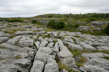The landscape with splitting grey rock, green grass on the cloudy windy summer day. 