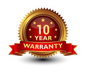 Majestic, powerful, high quality 10 year warranty badge, sign, seal with red gorgeous ribbon on top isolated on white background.
