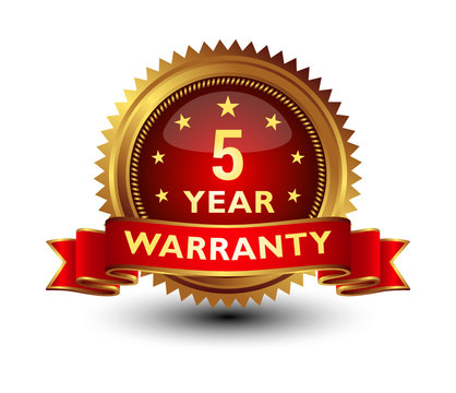 Majestic, powerful, high quality 5 year warranty badge, sign, seal with red gorgeous ribbon on top isolated on white background.