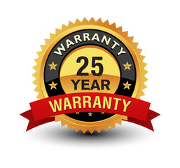 Golden color powerful 25 year warranty badge, seal, sign, label with red ribbon isolated on white background.