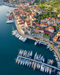 Hvar, Croatia. Aerial view on the old town. Vacation and adventure. Town and sea. Top view from...