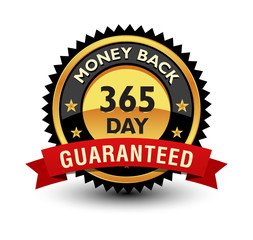 Powerful 365 day money back guaranteed badge, sign, label, seal with red ribbon on top.