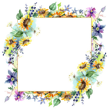 Bouquet with sunflowers botanical flowers. Watercolor background illustration set. Frame border ornament square.