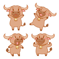 Set of cute cartoon buffalo in different poses.