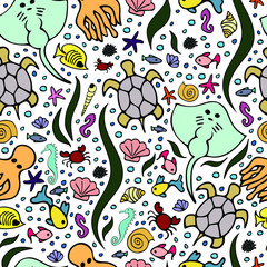 Hand drawn pattern 'under the sea'. Underwater world. Doodle. Vector Illustration. EPS 10.