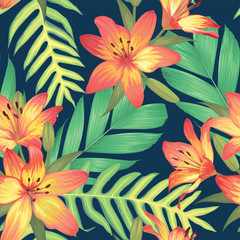 Seamless pattern with lily flowers and palm leaves background. Vector set of exotic tropical garden for holiday invitation, greeting card and textile fashion design.