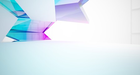 Abstract architectural glass gradient color interior of a minimalist house with large windows. 3D illustration and rendering.