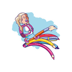 cute little student girl with school bag and set of pencils