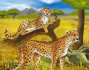 Obraz premium cartoon scene with cheetah resting on tree with family illustration for children