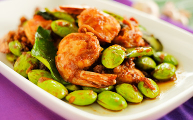 Stir Fried Shrimp with Sataw beans and Roasted Chili Paste, Thai food style.