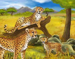 cartoon scene with cheetah resting on tree with family illustration for childrencartoon scene with cheetah resting on tree with family illustration for children © honeyflavour