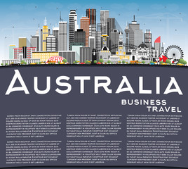 Australia City Skyline with Gray Buildings, Blue Sky and Copy Space. Vector Illustration. Tourism Concept with Historic Architecture. Australia Cityscape with Landmarks. Sydney. Melbourne. Canberra.