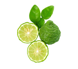 fresh bergamot fruit with leaf isolated on white background, Top view. - obrazy, fototapety, plakaty