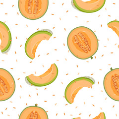 Melon half and slice seamless pattern on white background with seed, Fresh cantaloupe melon pattern background, Fruit vector illustration.