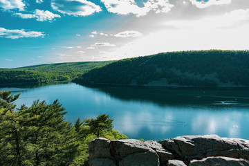 amazing Devil's Lake WI landscape with a huge rocks on the first plan taken from the high spot