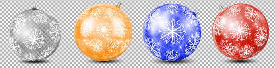Set of glass balls for Christmas decorations. Realistic vector image of a Christmas ball with a pattern of a snow blizzard with large white snowflakes on an abstract background.
