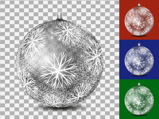 Transparent glass ball for christmas design on abstract and color background. Realistic vector image of a ball with a pattern of a snowstorm and large snowflakes.